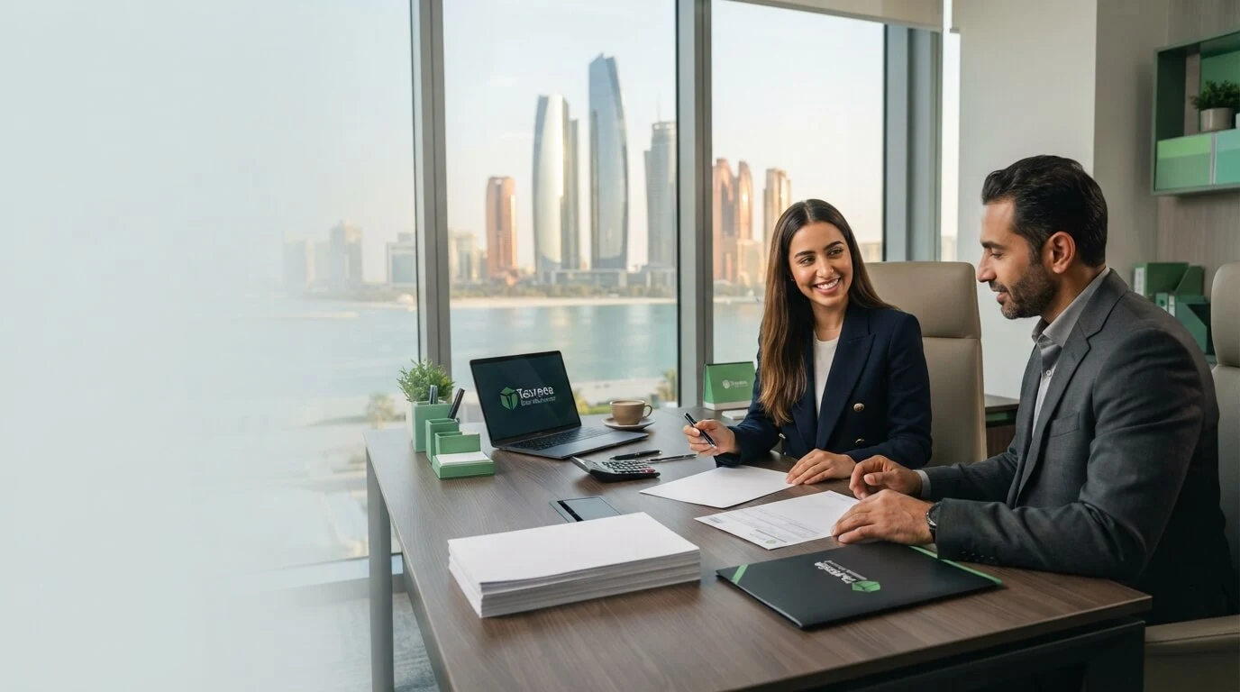Abu Dhabi business setup cost breakdown for 2026 showing ADDED government fees, e-channel, investor visa and corporate tax registration line items on a desk beside a trade licence