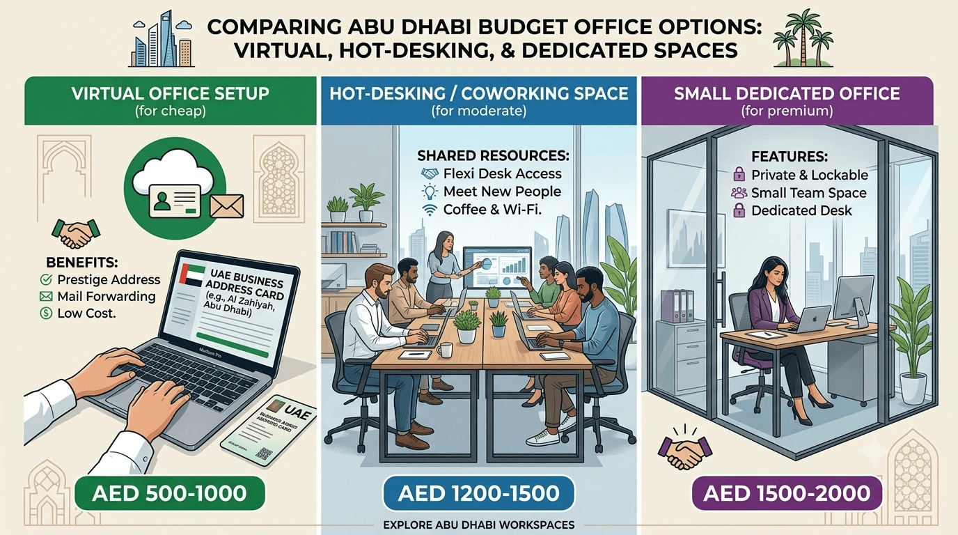 Comparison of three budget office types in Abu Dhabi: virtual office, hot-desking, and dedicated small office with pricing