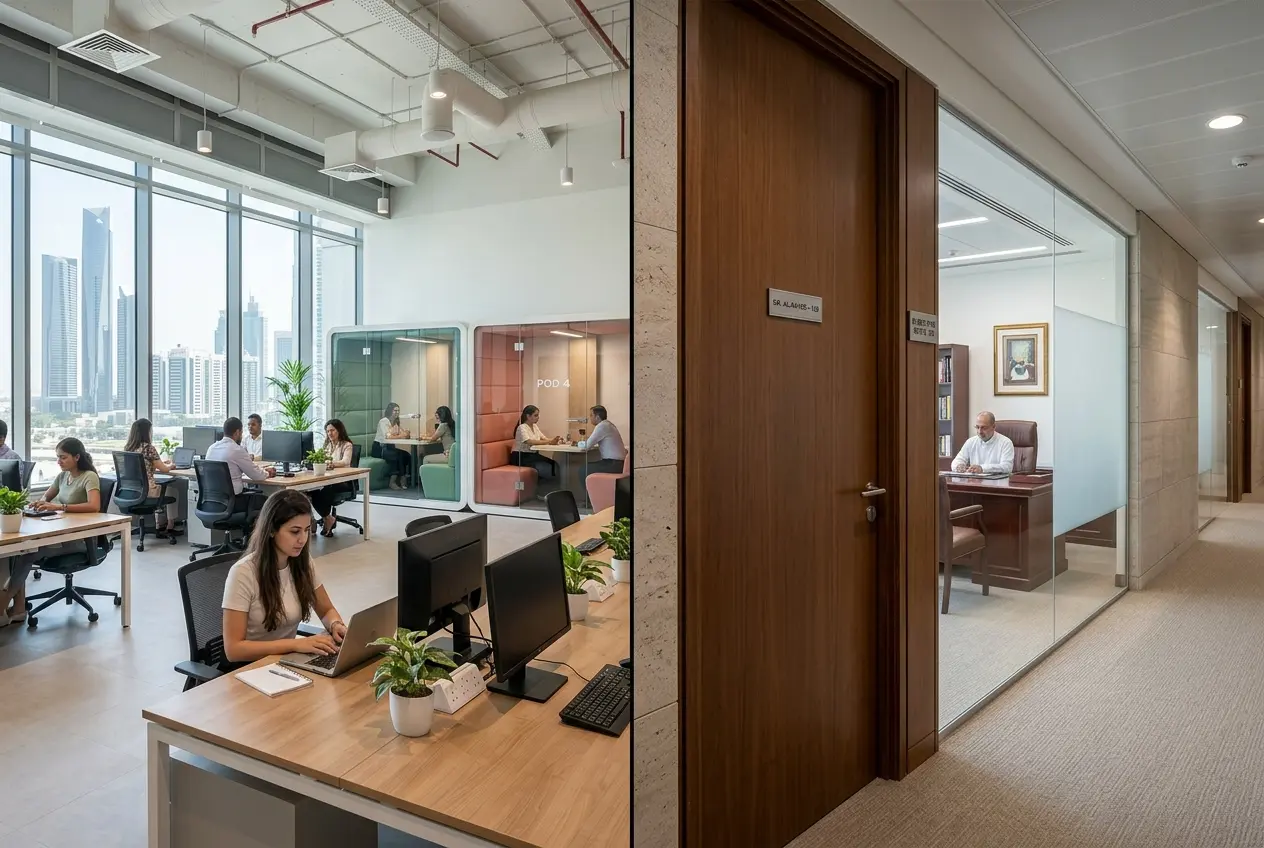 A bright modern furnished private office in an Abu Dhabi business center with desk monitor and ergonomic chair