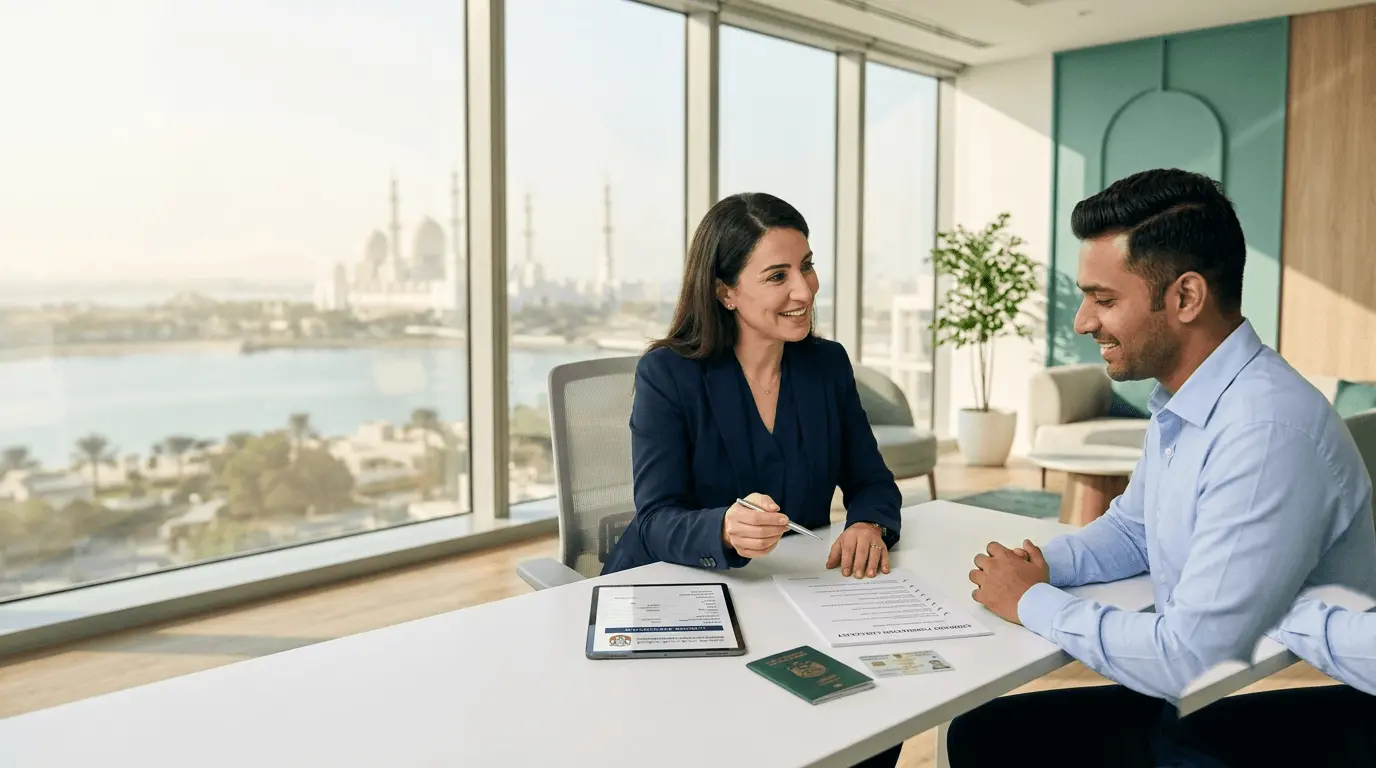 Business setup services in Abu Dhabi — consultant guiding an entrepreneur through company formation and ADDED trade license application