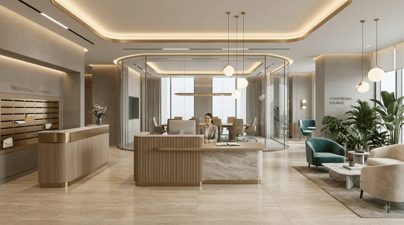 Virtual office and business center reception in Abu Dhabi — Tawtheeq-registered business address for trade license and visa processing
