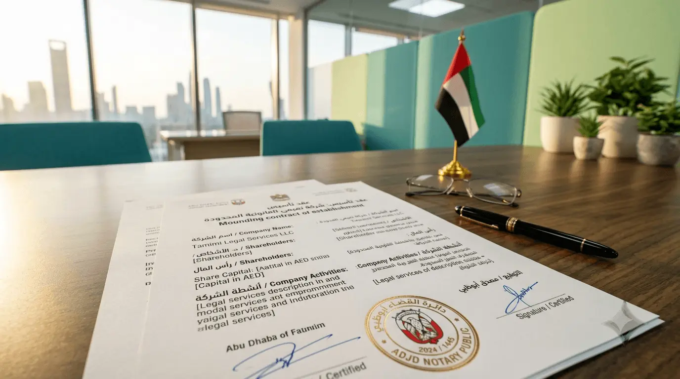 Contract of establishment notarization in Abu Dhabi — bilingual founding document with official seal