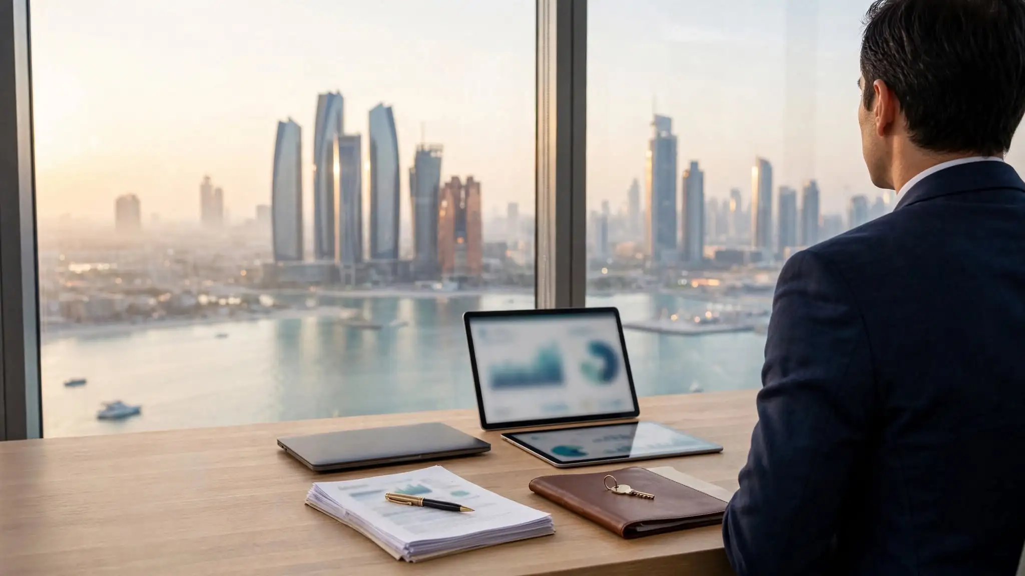 Adviser reviewing documents for an Abu Dhabi branch licence application from a Dubai company, with the branch file and address paperwork on a desk