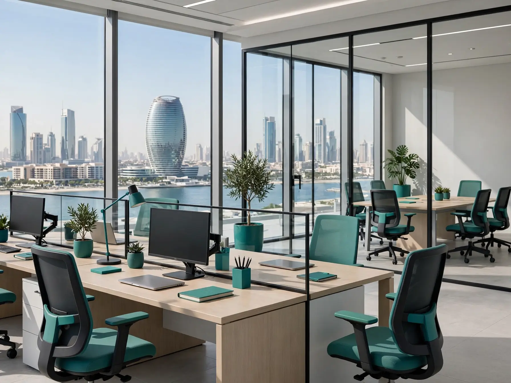 furnished physical office space Abu Dhabi with modern interior and workstations