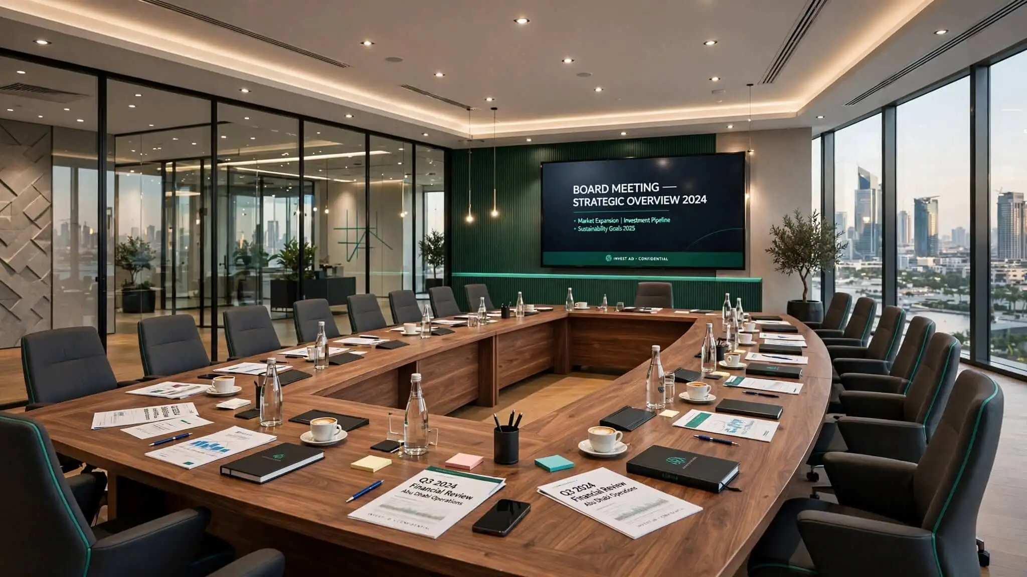 Boardroom meeting room hire Abu Dhabi — 20-person capacity with screen and presentation equipment at Tasreea