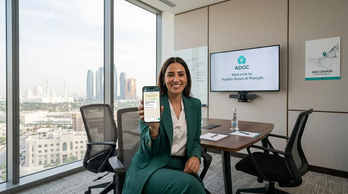 Businesswoman booking a meeting room in Abu Dhabi by WhatsApp at Tasreea Business Center