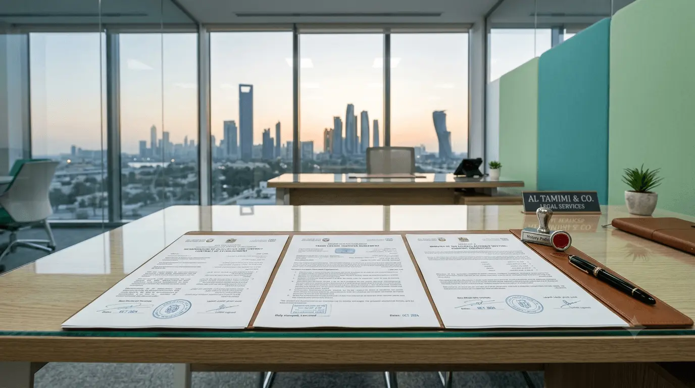 Notary services Abu Dhabi — contract of establishment, license assignment and liquidation minutes documents with an official notary stamp on a desk