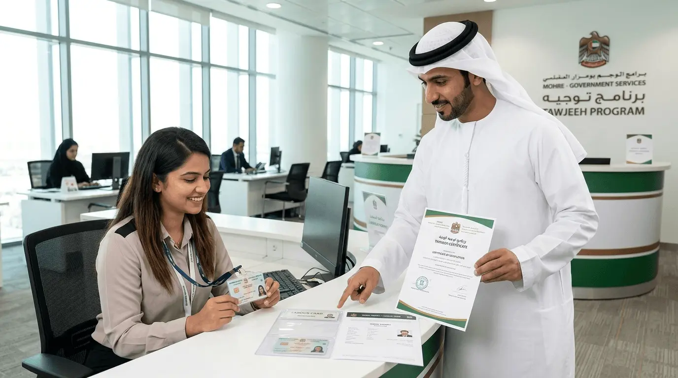 PRO consultant showing a completed Tawjeeh certificate and labour card documents to an employee in Abu Dhabi