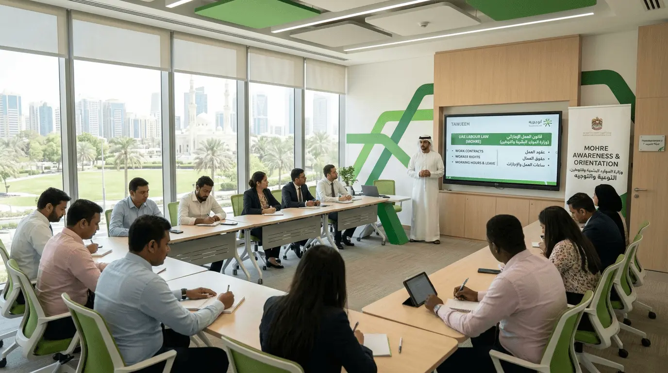 Group Tawjeeh orientation session for employees of different nationalities at an Abu Dhabi training center