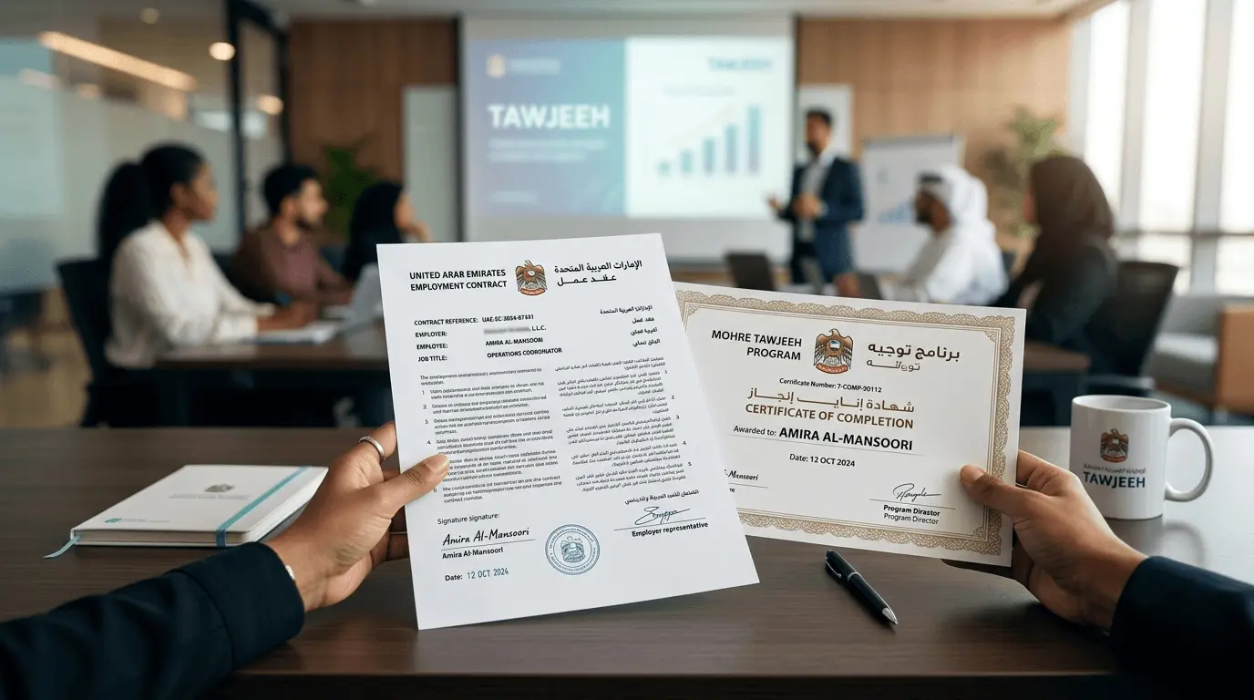 Employee holding a UAE employment contract and Tawjeeh completion certificate at a MOHRE orientation session