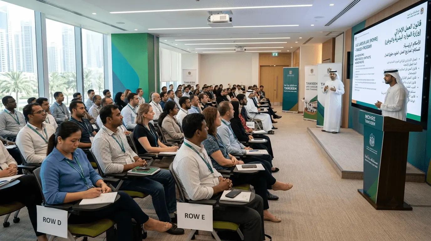 Employees attending a mandatory MOHRE Tawjeeh labour law orientation session in a training room in Abu Dhabi