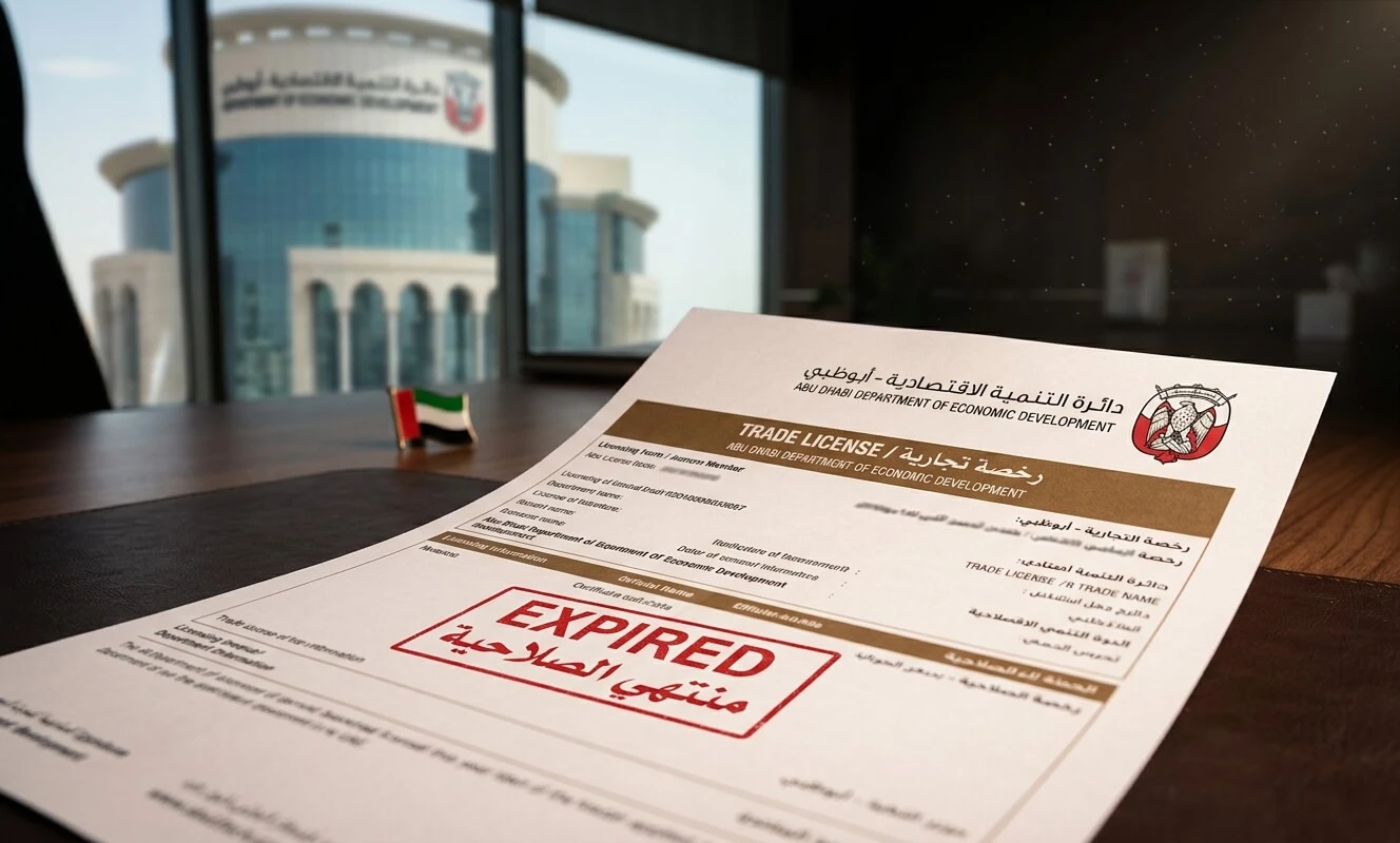 Expired trade license penalty document from Abu Dhabi DED