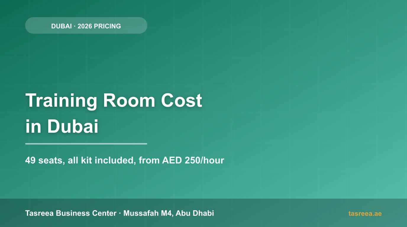 Training room cost in Dubai 2026 — a 49-seat fully equipped room from AED 250 per hour
