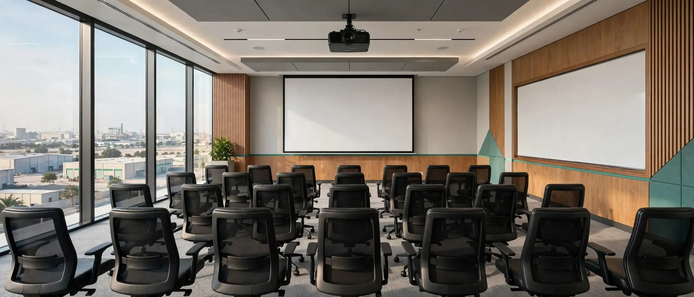 Hourly training room for rent in Musaffah, Abu Dhabi — 49-person capacity with projector and AC