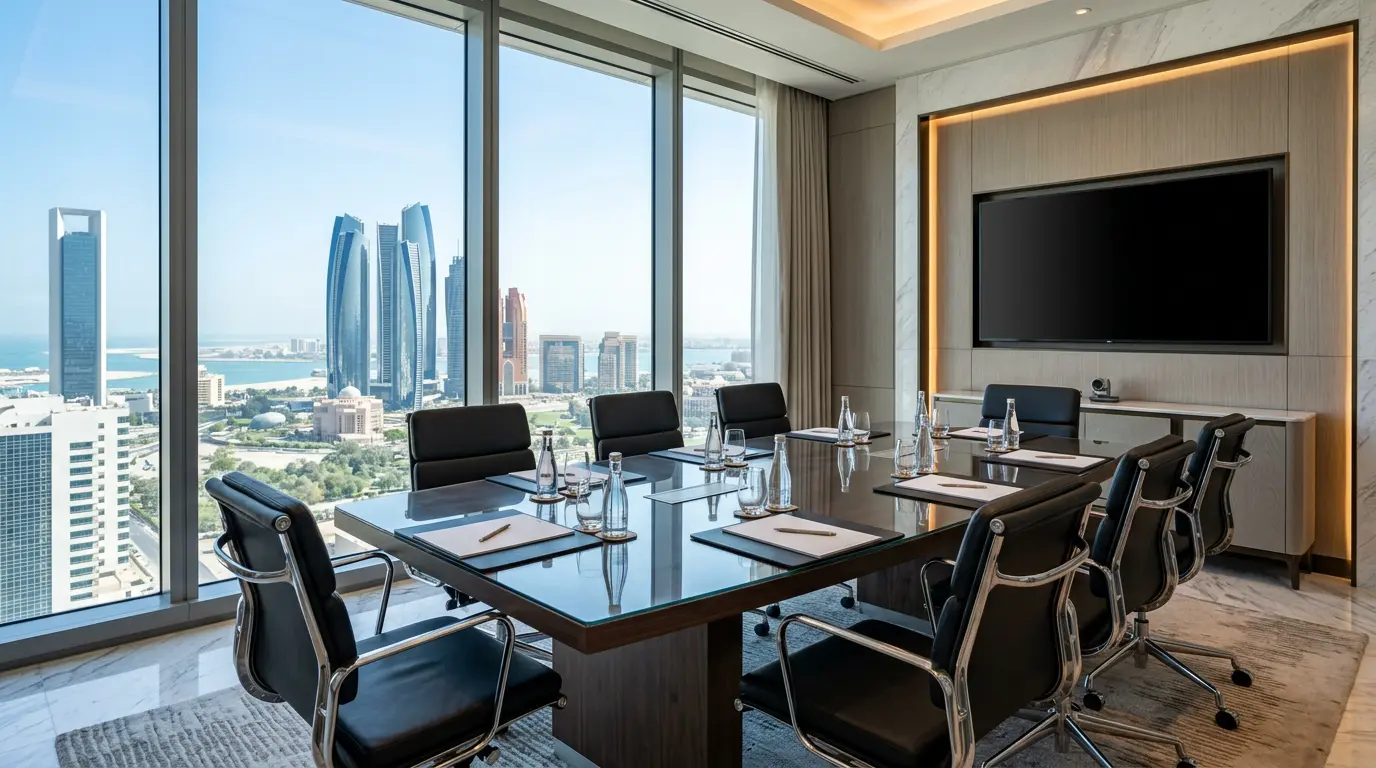 Virtual office meeting room in Abu Dhabi equipped for client presentations and team collaboration at Tasreea Business Center