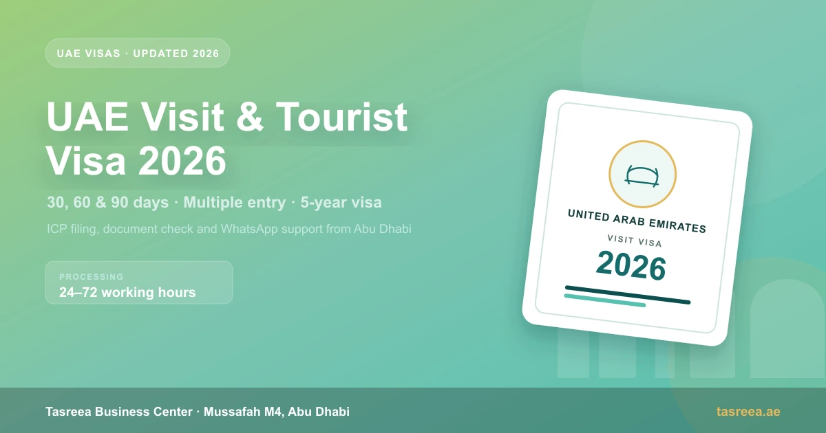 UAE visit and tourist visa 2026 guide covering 30, 60 and 90-day visas, multiple entry, 5-year tourist visa and jobseeker visa from Abu Dhabi