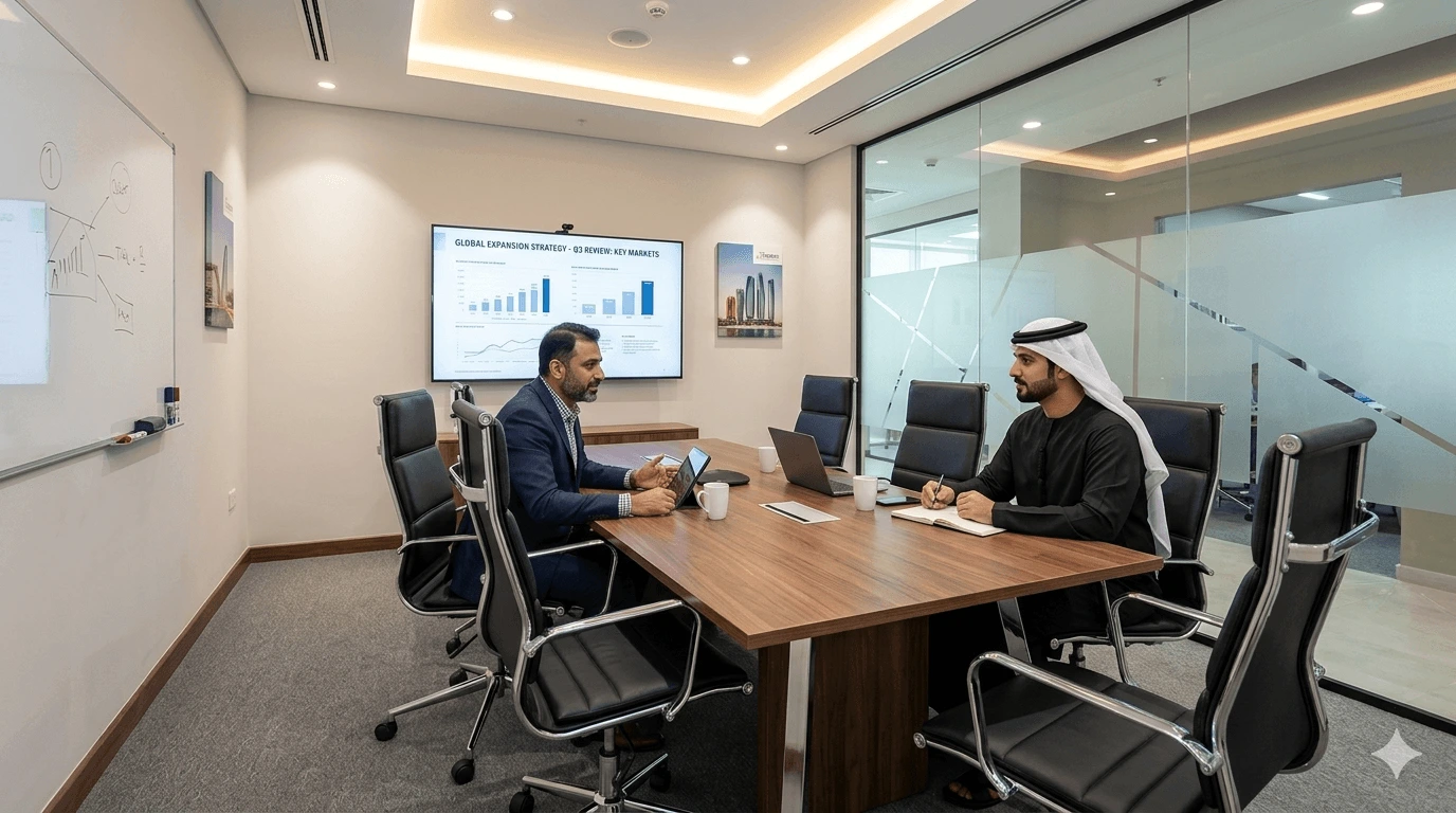 A 4K-screened meeting room in Mussafah M4 available by the hour to Dubai teams for client meetings, interviews and hybrid sessions