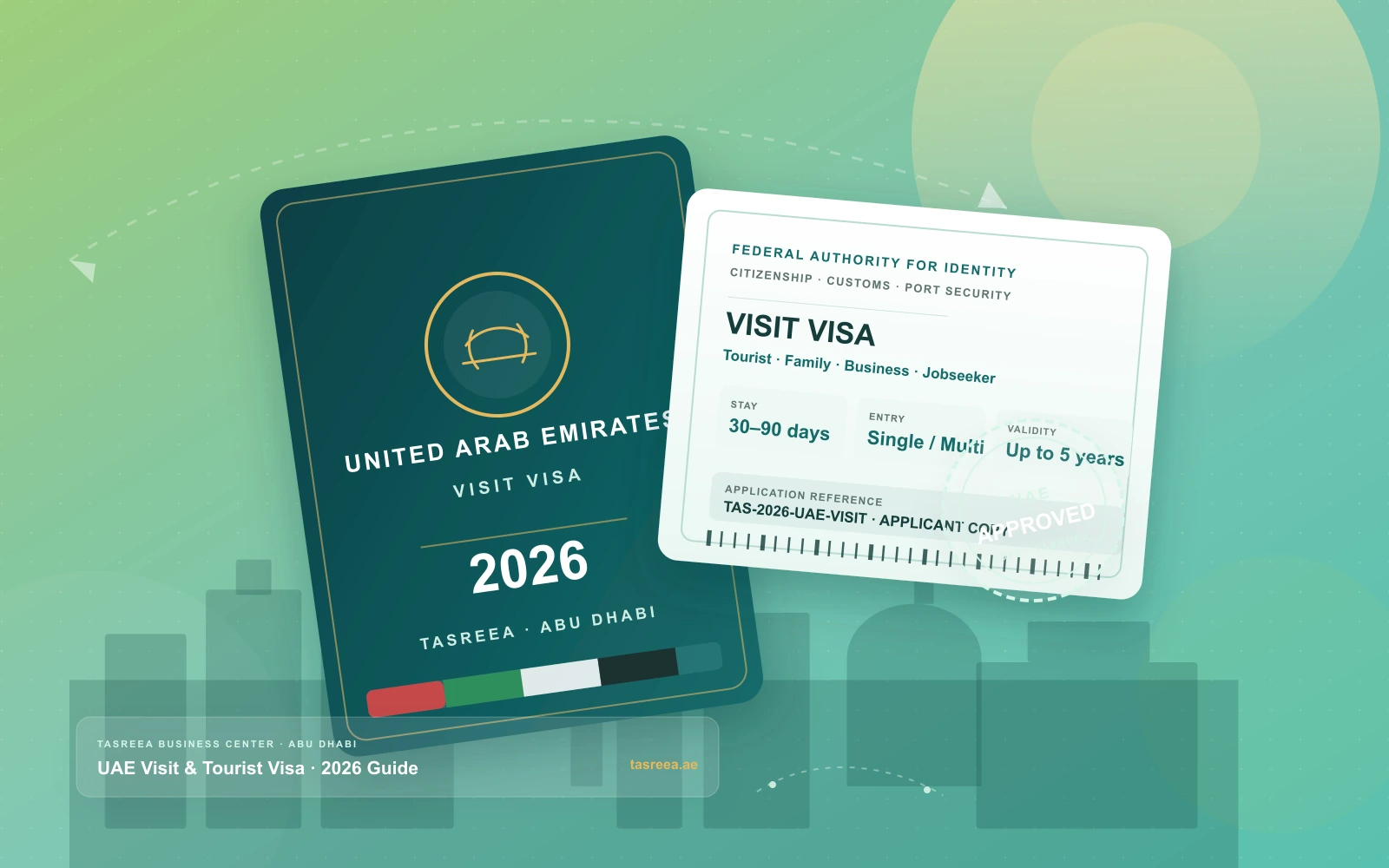 UAE visit visa 2026 illustration with a passport, ICP visa page and Dubai and Abu Dhabi skyline